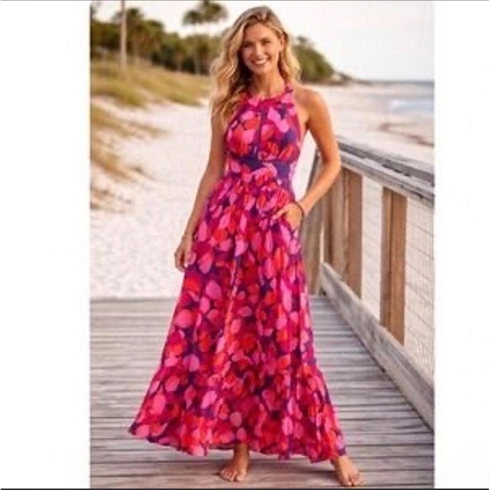 Adel The Label Floral Halter Maxi Dress Magenta Red Open Back Smocked Medium